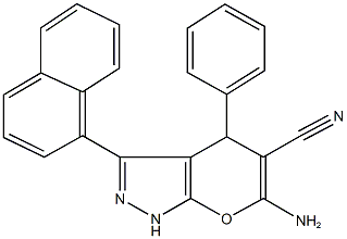 6-amino-3-(1-naphthyl)-4-phenyl-1,4-dihydropyrano[2,3-c]pyrazole-5-carbonitrile Struktur