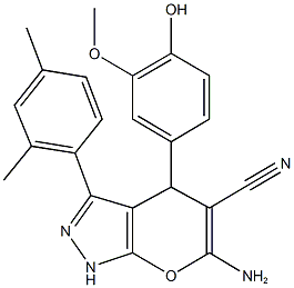 6-amino-3-(2,4-dimethylphenyl)-4-(4-hydroxy-3-methoxyphenyl)-1,4-dihydropyrano[2,3-c]pyrazole-5-carbonitrile Struktur