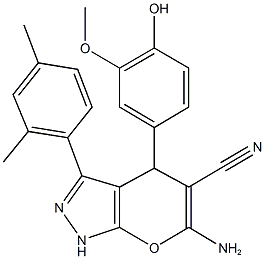 6-amino-3-(2,4-dimethylphenyl)-4-(4-hydroxy-3-methoxyphenyl)-1,4-dihydropyrano[2,3-c]pyrazole-5-carbonitrile,494776-17-9,结构式