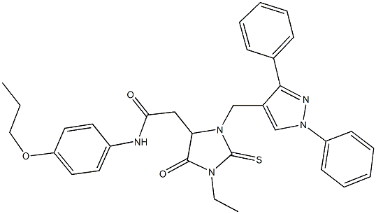 2-{3-[(1,3-diphenyl-1H-pyrazol-4-yl)methyl]-1-ethyl-5-oxo-2-thioxo-4-imidazolidinyl}-N-(4-propoxyphenyl)acetamide|