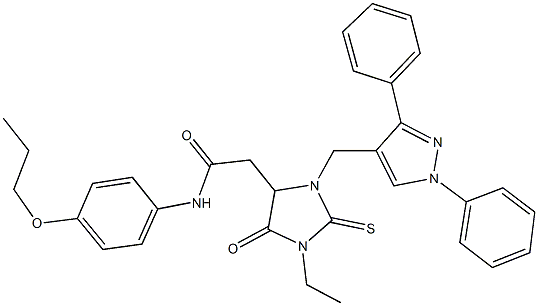 2-{3-[(1,3-diphenyl-1H-pyrazol-4-yl)methyl]-1-ethyl-5-oxo-2-thioxo-4-imidazolidinyl}-N-(4-propoxyphenyl)acetamide 结构式