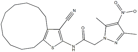 N-(3-cyano-4,5,6,7,8,9,10,11,12,13-decahydrocyclododeca[b]thien-2-yl)-2-{4-nitro-3,5-dimethyl-1H-pyrazol-1-yl}acetamide 化学構造式
