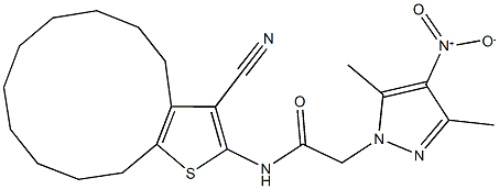 N-(3-cyano-4,5,6,7,8,9,10,11,12,13-decahydrocyclododeca[b]thien-2-yl)-2-{4-nitro-3,5-dimethyl-1H-pyrazol-1-yl}acetamide 结构式