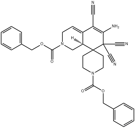 dibenzyl 6-amino-5,7,7-tricyano-3,7,8,8a-tetrahydro-spiro[isoquinoline-8,4'-piperidine]-1',2(1H)-dicarboxylate 结构式