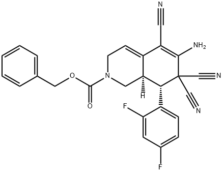 benzyl 6-amino-5,7,7-tricyano-8-(2,4-difluorophenyl)-3,7,8,8a-tetrahydro-2(1H)-isoquinolinecarboxylate Struktur