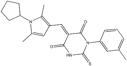 5-[(1-cyclopentyl-2,5-dimethyl-1H-pyrrol-3-yl)methylene]-1-(3-methylphenyl)-2-thioxodihydro-4,6(1H,5H)-pyrimidinedione,494832-00-7,结构式