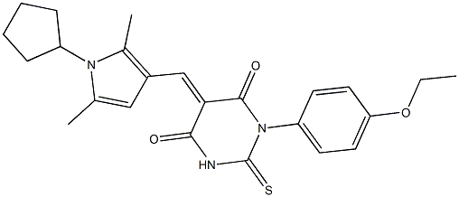 5-[(1-cyclopentyl-2,5-dimethyl-1H-pyrrol-3-yl)methylene]-1-(4-ethoxyphenyl)-2-thioxodihydro-4,6(1H,5H)-pyrimidinedione 化学構造式
