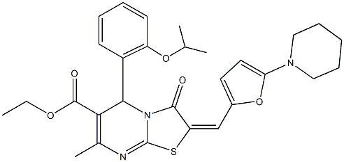 ethyl 5-(2-isopropoxyphenyl)-7-methyl-3-oxo-2-{[5-(1-piperidinyl)-2-furyl]methylene}-2,3-dihydro-5H-[1,3]thiazolo[3,2-a]pyrimidine-6-carboxylate,494832-29-0,结构式