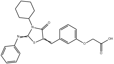 (3-{[3-cyclohexyl-4-oxo-2-(phenylimino)-1,3-thiazolidin-5-ylidene]methyl}phenoxy)acetic acid 化学構造式