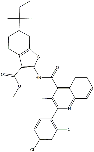 methyl 2-({[2-(2,4-dichlorophenyl)-3-methyl-4-quinolinyl]carbonyl}amino)-6-tert-pentyl-4,5,6,7-tetrahydro-1-benzothiophene-3-carboxylate Struktur