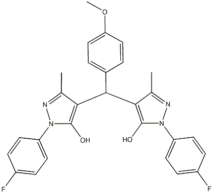 4-{bis[1-(4-fluorophenyl)-5-hydroxy-3-methyl-1H-pyrazol-4-yl]methyl}phenyl methyl ether Struktur