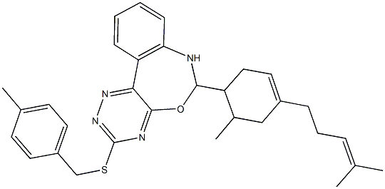 3-[(4-methylbenzyl)sulfanyl]-6-[6-methyl-4-(4-methyl-3-pentenyl)-3-cyclohexen-1-yl]-6,7-dihydro[1,2,4]triazino[5,6-d][3,1]benzoxazepine 化学構造式