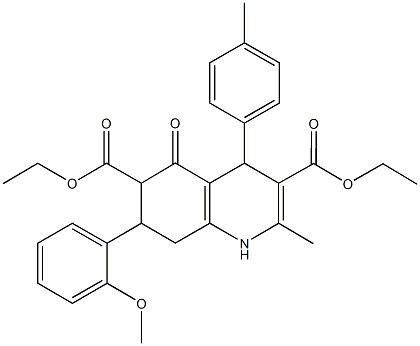 diethyl 7-(2-methoxyphenyl)-2-methyl-4-(4-methylphenyl)-5-oxo-1,4,5,6,7,8-hexahydro-3,6-quinolinedicarboxylate,495374-90-8,结构式