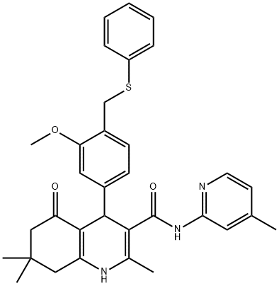 4-{3-methoxy-4-[(phenylsulfanyl)methyl]phenyl}-2,7,7-trimethyl-N-(4-methylpyridin-2-yl)-5-oxo-1,4,5,6,7,8-hexahydroquinoline-3-carboxamide 化学構造式