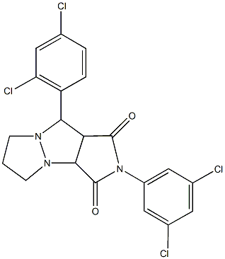 9-(2,4-dichlorophenyl)-2-(3,5-dichlorophenyl)tetrahydro-5H-pyrazolo[1,2-a]pyrrolo[3,4-c]pyrazole-1,3(2H,3aH)-dione 化学構造式