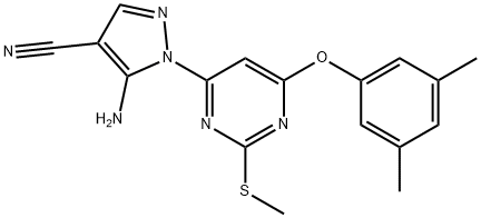 5-amino-1-[6-(3,5-dimethylphenoxy)-2-(methylsulfanyl)pyrimidin-4-yl]-1H-pyrazole-4-carbonitrile 化学構造式