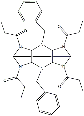 4,10-dibenzyl-2,6,8,12-tetrapropionyl-2,4,6,8,10,12-hexaazatetracyclo[5.5.0.0~3,11~.0~5,9~]dodecane Structure