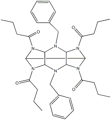 4,10-dibenzyl-2,6,8,12-tetrabutyryl-2,4,6,8,10,12-hexaazatetracyclo[5.5.0.0~3,11~.0~5,9~]dodecane 结构式