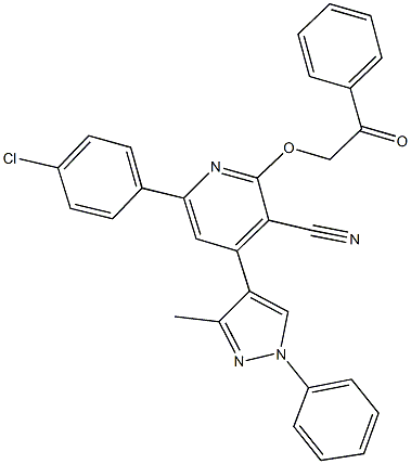 6-(4-chlorophenyl)-4-(3-methyl-1-phenyl-1H-pyrazol-4-yl)-2-(2-oxo-2-phenylethoxy)nicotinonitrile 化学構造式