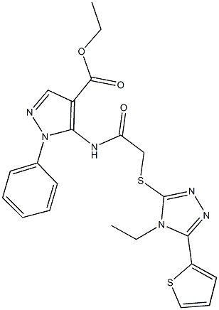 ethyl 5-[({[4-ethyl-5-(2-thienyl)-4H-1,2,4-triazol-3-yl]sulfanyl}acetyl)amino]-1-phenyl-1H-pyrazole-4-carboxylate Struktur