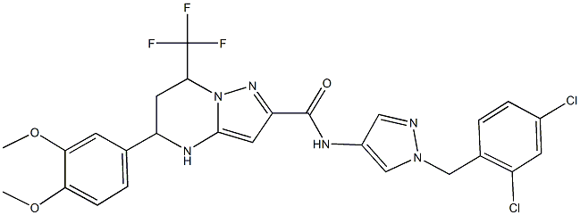 N-[1-(2,4-dichlorobenzyl)-1H-pyrazol-4-yl]-5-(3,4-dimethoxyphenyl)-7-(trifluoromethyl)-4,5,6,7-tetrahydropyrazolo[1,5-a]pyrimidine-2-carboxamide Struktur