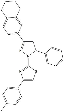 4-(4-methylphenyl)-2-[5-phenyl-3-(5,6,7,8-tetrahydronaphthalen-2-yl)-4,5-dihydro-1H-pyrazol-1-yl]-1,3-thiazole 化学構造式