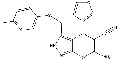 496018-92-9 6-amino-4-(3-furyl)-3-{[(4-methylphenyl)sulfanyl]methyl}-2,4-dihydropyrano[2,3-c]pyrazole-5-carbonitrile