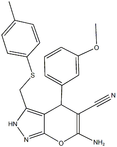 6-amino-4-(3-methoxyphenyl)-3-{[(4-methylphenyl)sulfanyl]methyl}-2,4-dihydropyrano[2,3-c]pyrazole-5-carbonitrile Struktur