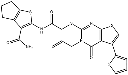 2-[({[3-allyl-4-oxo-5-(2-thienyl)-3,4-dihydrothieno[2,3-d]pyrimidin-2-yl]sulfanyl}acetyl)amino]-5,6-dihydro-4H-cyclopenta[b]thiophene-3-carboxamide Struktur