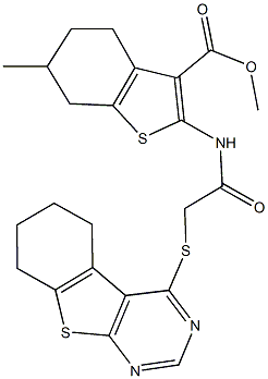 methyl 6-methyl-2-{[(5,6,7,8-tetrahydro[1]benzothieno[2,3-d]pyrimidin-4-ylsulfanyl)acetyl]amino}-4,5,6,7-tetrahydro-1-benzothiophene-3-carboxylate 结构式