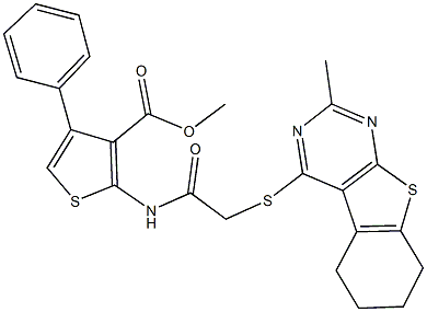 methyl 2-({[(2-methyl-5,6,7,8-tetrahydro[1]benzothieno[2,3-d]pyrimidin-4-yl)sulfanyl]acetyl}amino)-4-phenyl-3-thiophenecarboxylate Struktur
