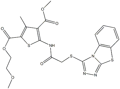 2-(2-methoxyethyl) 4-methyl 3-methyl-5-{[([1,2,4]triazolo[3,4-b][1,3]benzothiazol-3-ylsulfanyl)acetyl]amino}-2,4-thiophenedicarboxylate 结构式