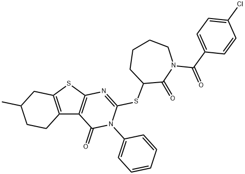 2-{[1-(4-chlorobenzoyl)-2-oxo-3-azepanyl]sulfanyl}-7-methyl-3-phenyl-5,6,7,8-tetrahydro[1]benzothieno[2,3-d]pyrimidin-4(3H)-one 化学構造式