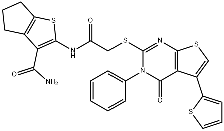 2-[({[4-oxo-3-phenyl-5-(2-thienyl)-3,4-dihydrothieno[2,3-d]pyrimidin-2-yl]sulfanyl}acetyl)amino]-5,6-dihydro-4H-cyclopenta[b]thiophene-3-carboxamide Struktur