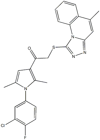 1-[1-(3-chloro-4-fluorophenyl)-2,5-dimethyl-1H-pyrrol-3-yl]-2-[(5-methyl[1,2,4]triazolo[4,3-a]quinolin-1-yl)sulfanyl]ethanone 化学構造式