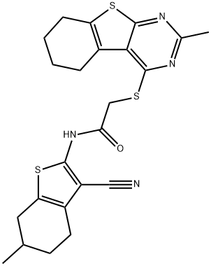 N-(3-cyano-6-methyl-4,5,6,7-tetrahydro-1-benzothien-2-yl)-2-[(2-methyl-5,6,7,8-tetrahydro[1]benzothieno[2,3-d]pyrimidin-4-yl)sulfanyl]acetamide Structure