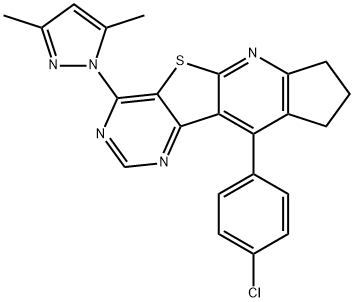 10-(4-chlorophenyl)-4-(3,5-dimethyl-1H-pyrazol-1-yl)-8,9-dihydro-7H-cyclopenta[5',6']pyrido[3',2':4,5]thieno[3,2-d]pyrimidine 化学構造式