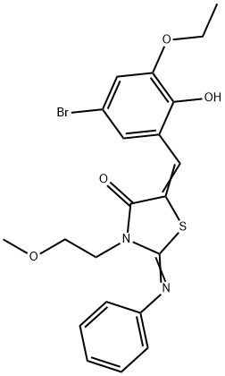 5-(5-bromo-3-ethoxy-2-hydroxybenzylidene)-3-(2-methoxyethyl)-2-(phenylimino)-1,3-thiazolidin-4-one,496766-70-2,结构式