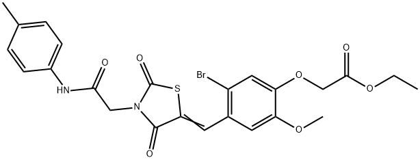 ethyl [5-bromo-4-({2,4-dioxo-3-[2-oxo-2-(4-toluidino)ethyl]-1,3-thiazolidin-5-ylidene}methyl)-2-methoxyphenoxy]acetate Struktur