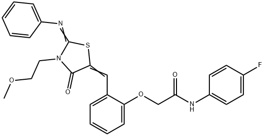 N-(4-fluorophenyl)-2-(2-{[3-(2-methoxyethyl)-4-oxo-2-(phenylimino)-1,3-thiazolidin-5-ylidene]methyl}phenoxy)acetamide Struktur