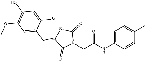 2-[5-(2-bromo-4-hydroxy-5-methoxybenzylidene)-2,4-dioxo-1,3-thiazolidin-3-yl]-N-(4-methylphenyl)acetamide 化学構造式