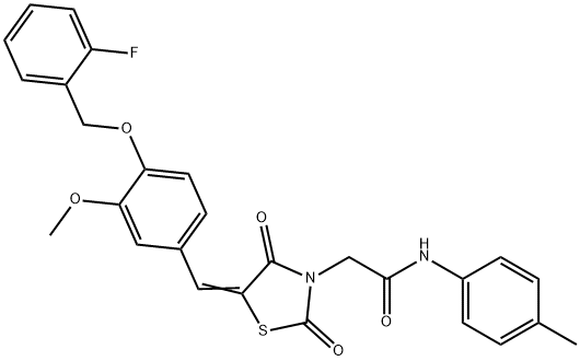 2-(5-{4-[(2-fluorobenzyl)oxy]-3-methoxybenzylidene}-2,4-dioxo-1,3-thiazolidin-3-yl)-N-(4-methylphenyl)acetamide 化学構造式
