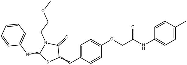 2-(4-{[3-(2-methoxyethyl)-4-oxo-2-(phenylimino)-1,3-thiazolidin-5-ylidene]methyl}phenoxy)-N-(4-methylphenyl)acetamide 化学構造式