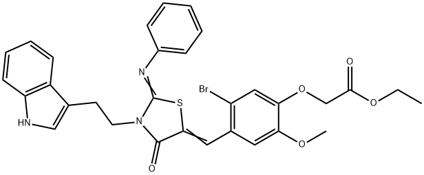 ethyl (5-bromo-4-{[3-[2-(1H-indol-3-yl)ethyl]-4-oxo-2-(phenylimino)-1,3-thiazolidin-5-ylidene]methyl}-2-methoxyphenoxy)acetate 化学構造式