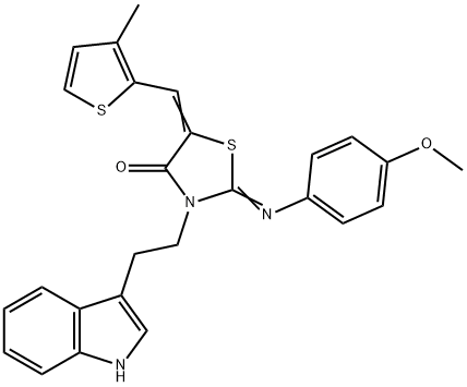 3-[2-(1H-indol-3-yl)ethyl]-2-[(4-methoxyphenyl)imino]-5-[(3-methyl-2-thienyl)methylene]-1,3-thiazolidin-4-one,496767-66-9,结构式