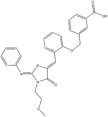 3-[(2-{[3-(2-methoxyethyl)-4-oxo-2-(phenylimino)-1,3-thiazolidin-5-ylidene]methyl}phenoxy)methyl]benzoic acid 化学構造式