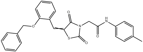 2-{5-[2-(benzyloxy)benzylidene]-2,4-dioxo-1,3-thiazolidin-3-yl}-N-(4-methylphenyl)acetamide 化学構造式