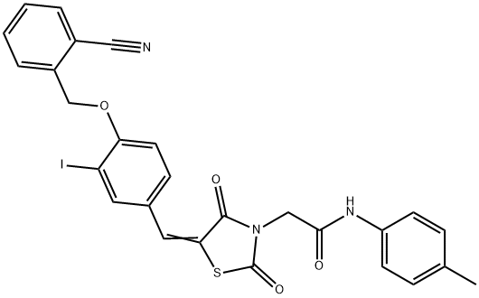 2-(5-{4-[(2-cyanobenzyl)oxy]-3-iodobenzylidene}-2,4-dioxo-1,3-thiazolidin-3-yl)-N-(4-methylphenyl)acetamide Struktur