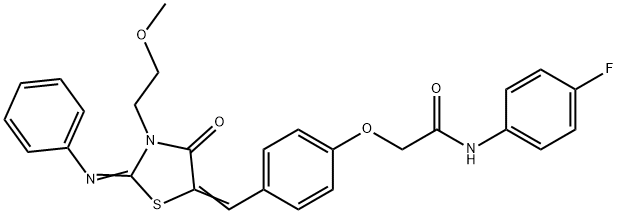 N-(4-fluorophenyl)-2-(4-{[3-(2-methoxyethyl)-4-oxo-2-(phenylimino)-1,3-thiazolidin-5-ylidene]methyl}phenoxy)acetamide 结构式