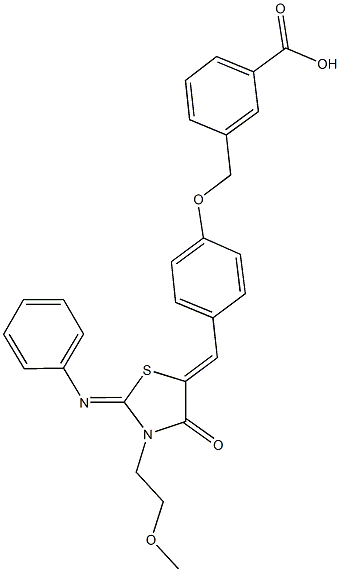 3-[(4-{[3-(2-methoxyethyl)-4-oxo-2-(phenylimino)-1,3-thiazolidin-5-ylidene]methyl}phenoxy)methyl]benzoic acid Structure